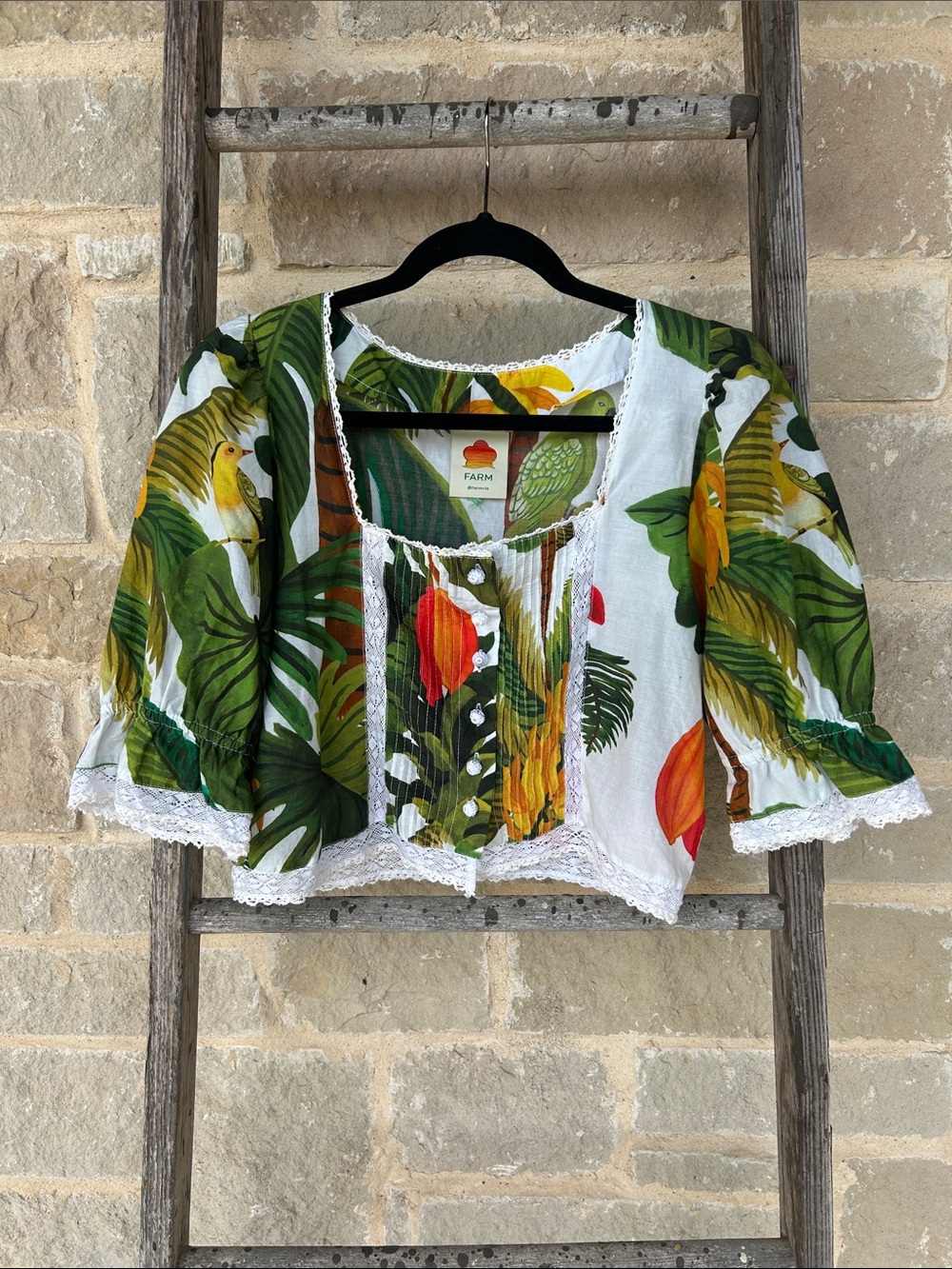 Farm Rio Tropical Leaf & Floral Cropped Blouse in Green & White